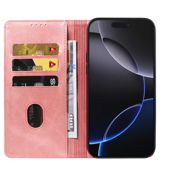 Iphone 16 Pro leren telefoonhoesje bookcase met pasjeshouder en magnetische sluiting (2) roze