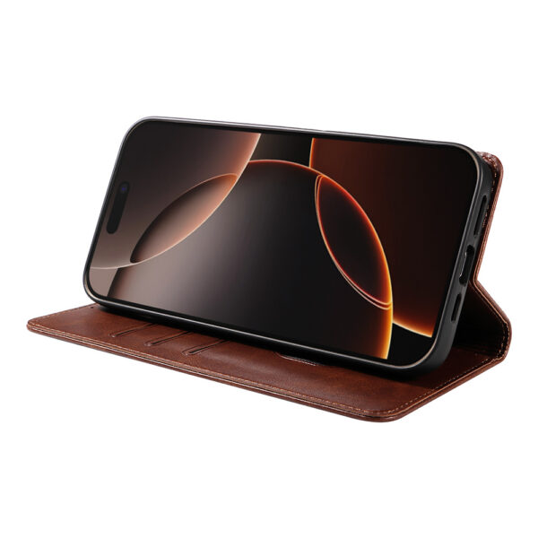 Iphone 16 Pro leren telefoonhoesje bookcase met pasjeshouder en magnetische sluiting (3) donkerbruin