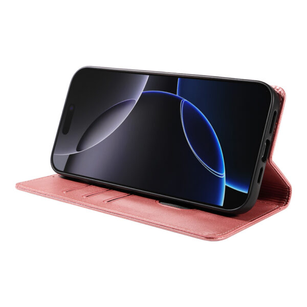 Iphone 16 Pro leren telefoonhoesje bookcase met pasjeshouder en magnetische sluiting (3) roze