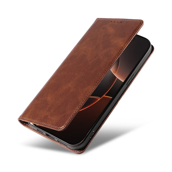 Iphone 16 Pro leren telefoonhoesje bookcase met pasjeshouder en magnetische sluiting (4) donkerbruin