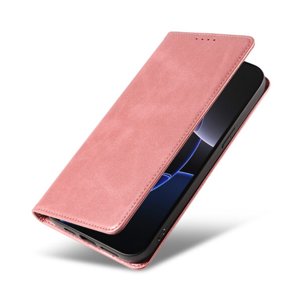 Iphone 16 Pro leren telefoonhoesje bookcase met pasjeshouder en magnetische sluiting (4) roze