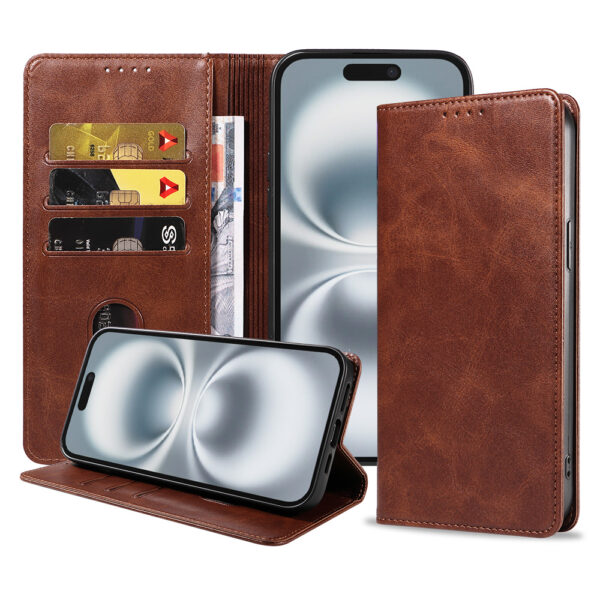 Iphone 16 leren telefoonhoesje bookcase met pasjeshouder en magnetische sluiting (1) donkerbruin
