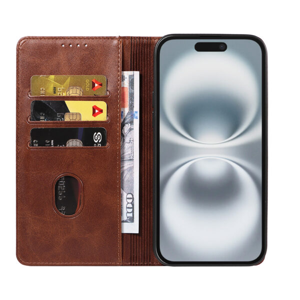 Iphone 16 leren telefoonhoesje bookcase met pasjeshouder en magnetische sluiting (2) donkerbruin