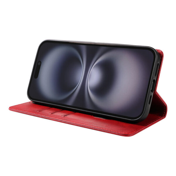 Iphone 16 leren telefoonhoesje bookcase met pasjeshouder en magnetische sluiting (3) rood