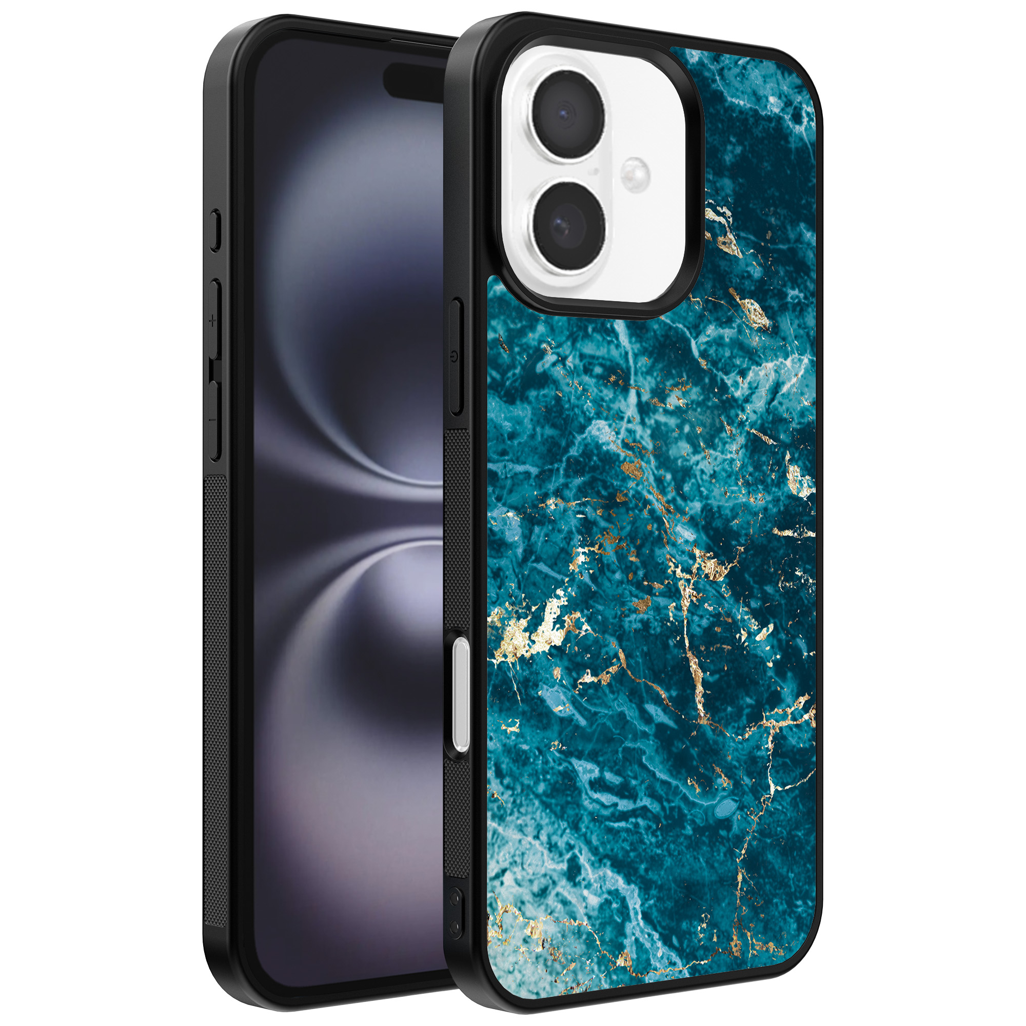 Iphone 16 telefoonhoesje met blauw marmer opdruk (1)