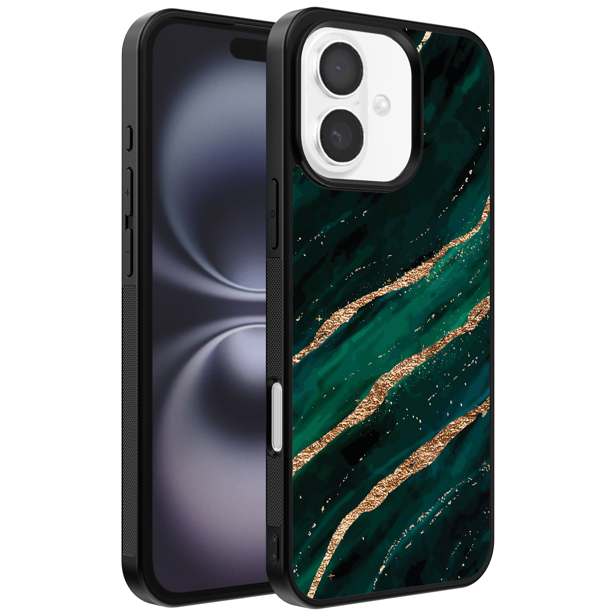 Iphone 16 telefoonhoesje met groen goud marmer opdruk (1)