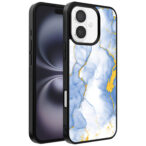 Iphone 16 telefoonhoesje met lichtblauw goud marmer opdruk (1)