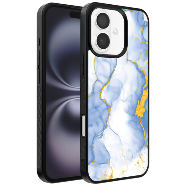 Iphone 16 telefoonhoesje met lichtblauw goud marmer opdruk (1)