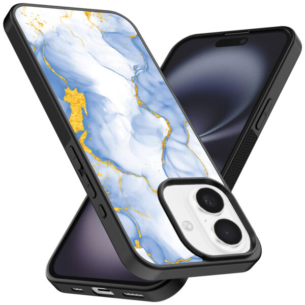 Iphone 16 telefoonhoesje met lichtblauw goud marmer opdruk (2)