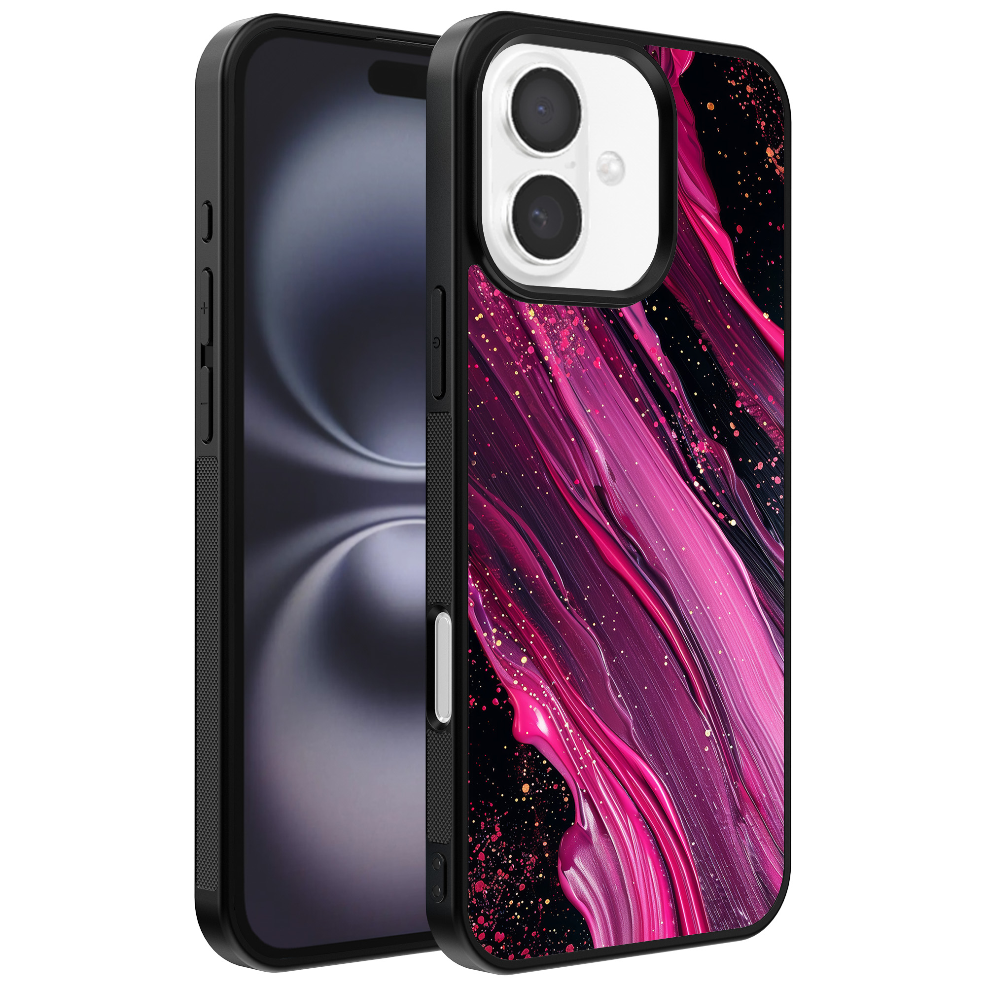 Iphone 16 telefoonhoesje met paars roze marmer opdruk (1)
