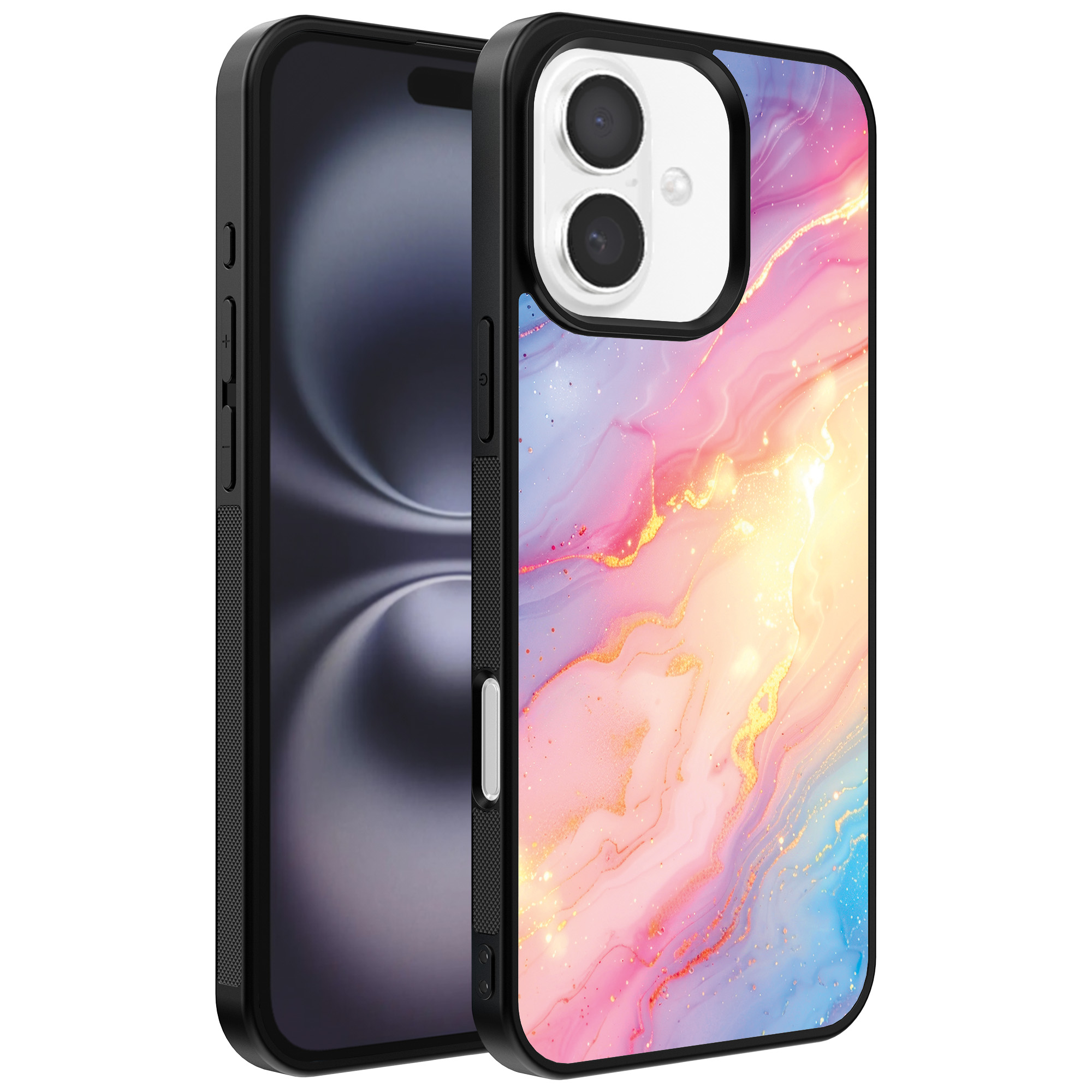Iphone 16 telefoonhoesje met regenboog glitter marmer opdruk (1)