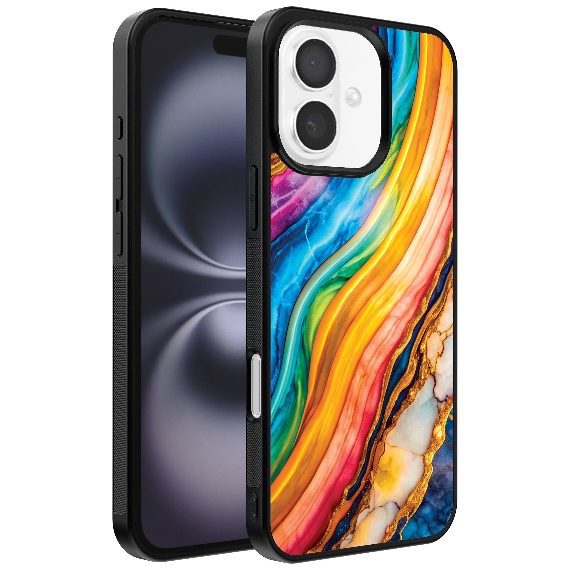 Iphone 16 telefoonhoesje met regenboog goud marmer opdruk (1)