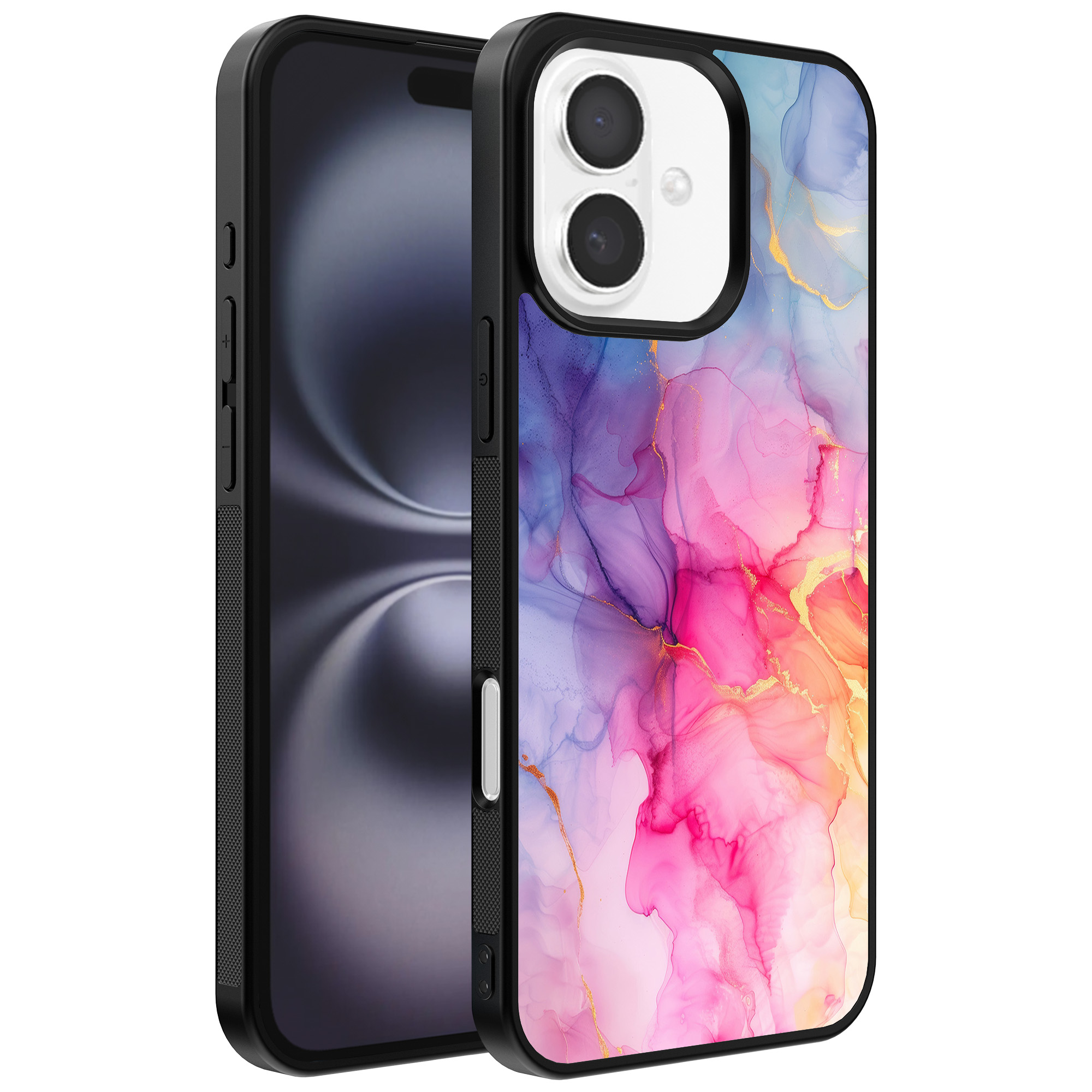 Iphone 16 telefoonhoesje met regenboog marmer opdruk (1)