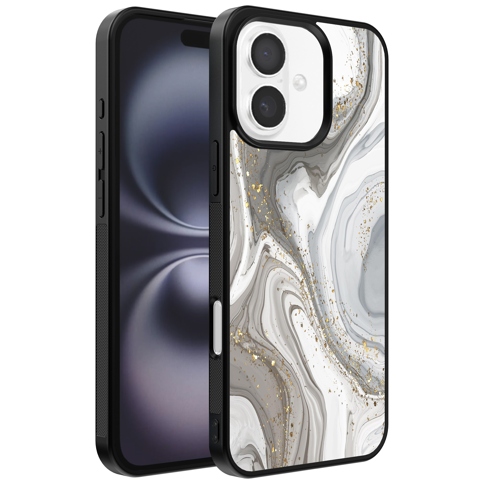 Iphone 16 telefoonhoesje met zilver marmer opdruk (1)