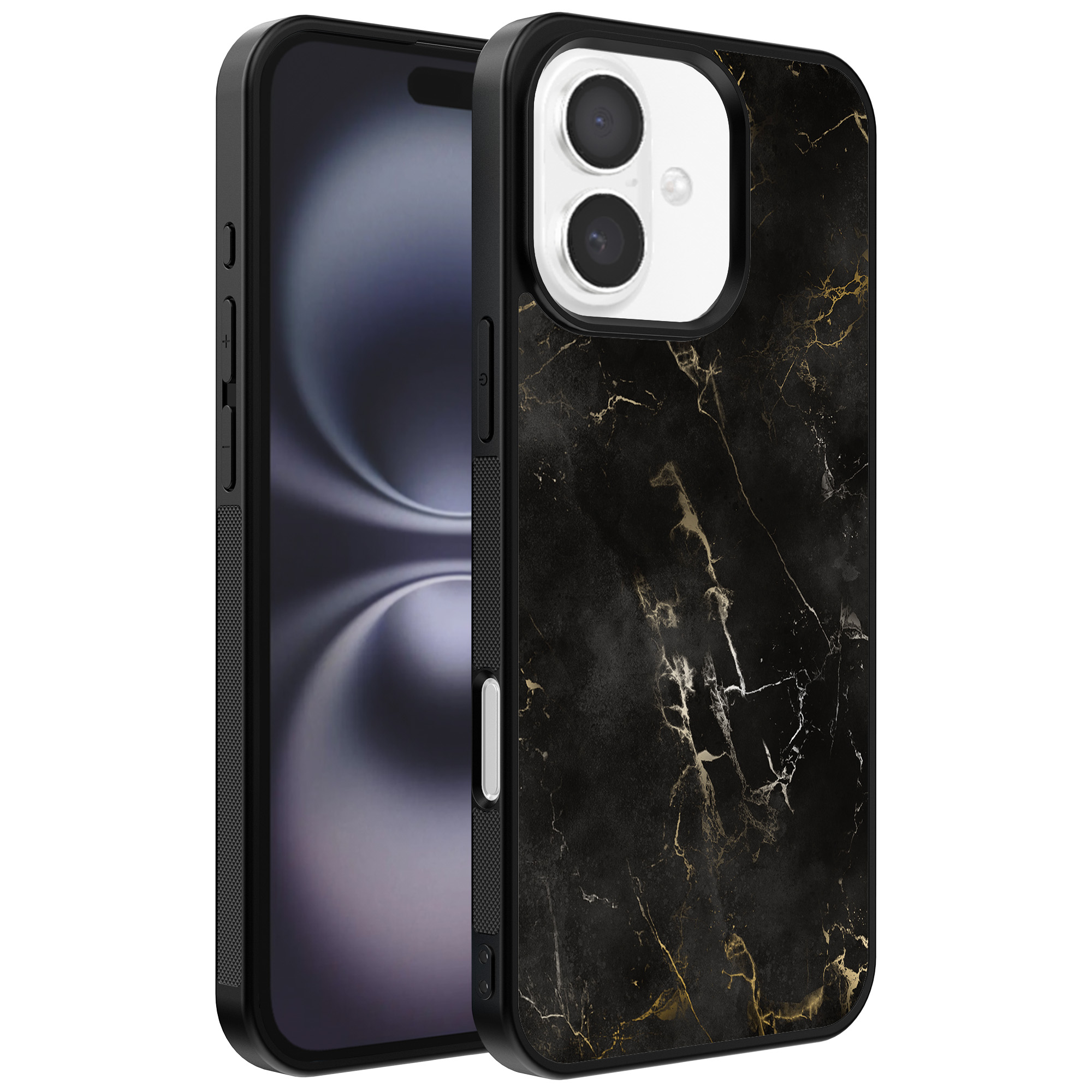 Iphone 16 telefoonhoesje met zwart marmer opdruk (1)
