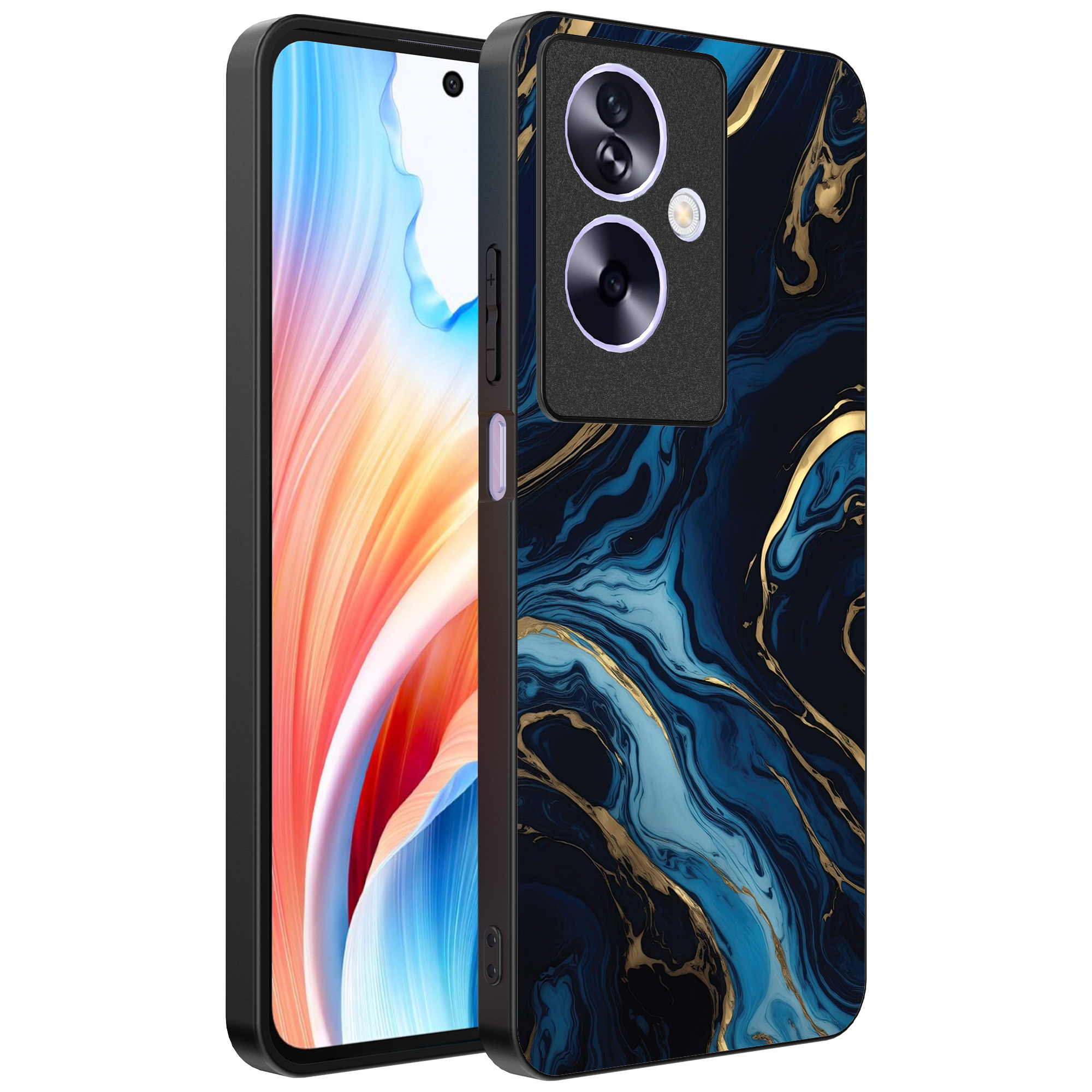 Oppo A2 telefoonhoesje met blauw goud marmer opdruk (1)