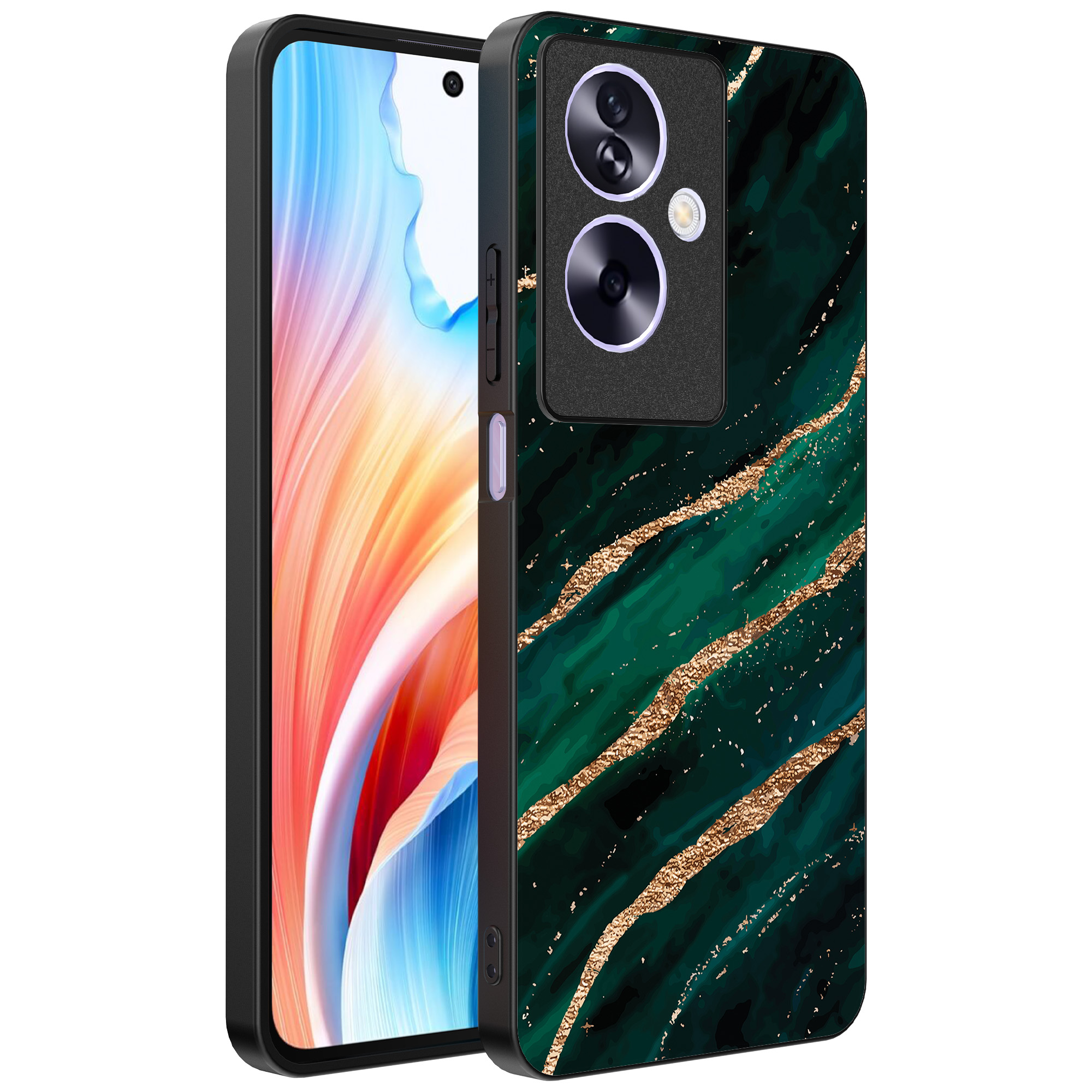 Oppo A2 telefoonhoesje met groen goud marmer opdruk (1)