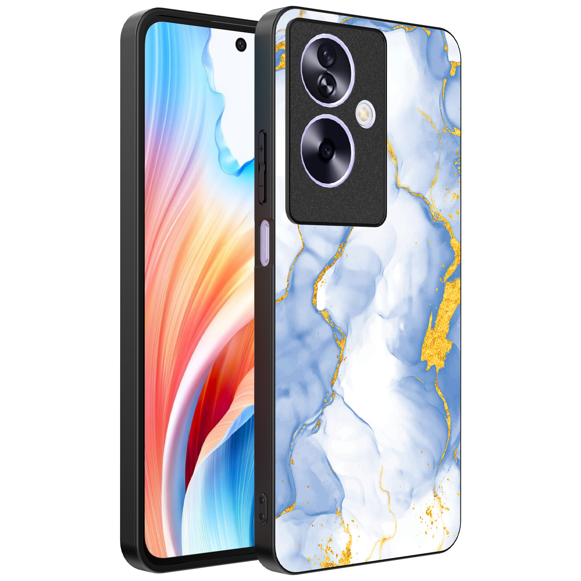 Oppo A2 telefoonhoesje met lichtblauw goud marmer opdruk (1)