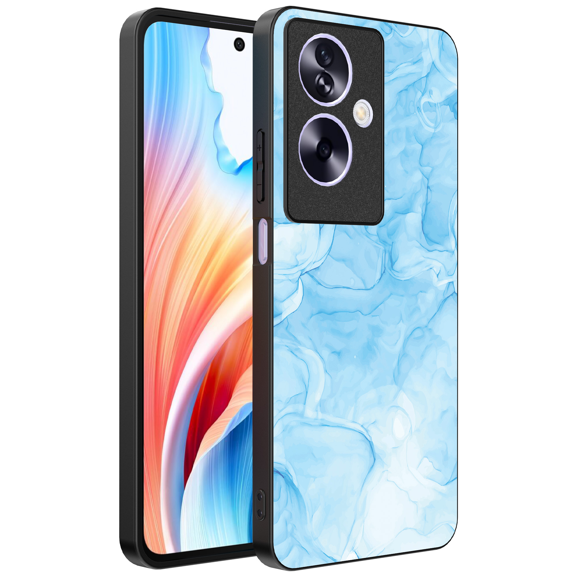 Oppo A2 telefoonhoesje met lichtblauw marmer opdruk (1)