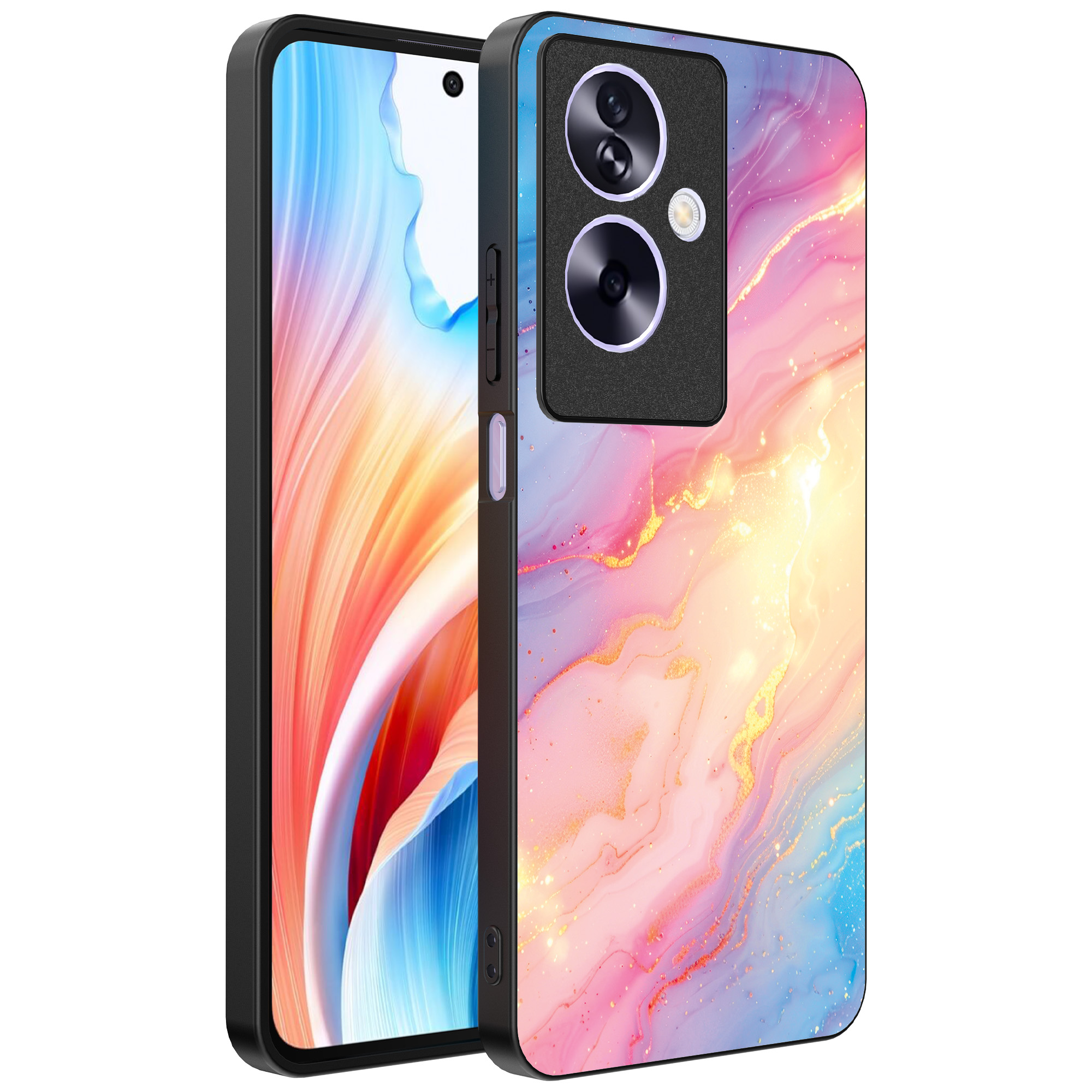 Oppo A2 telefoonhoesje met regenboog glitter marmer opdruk (1)