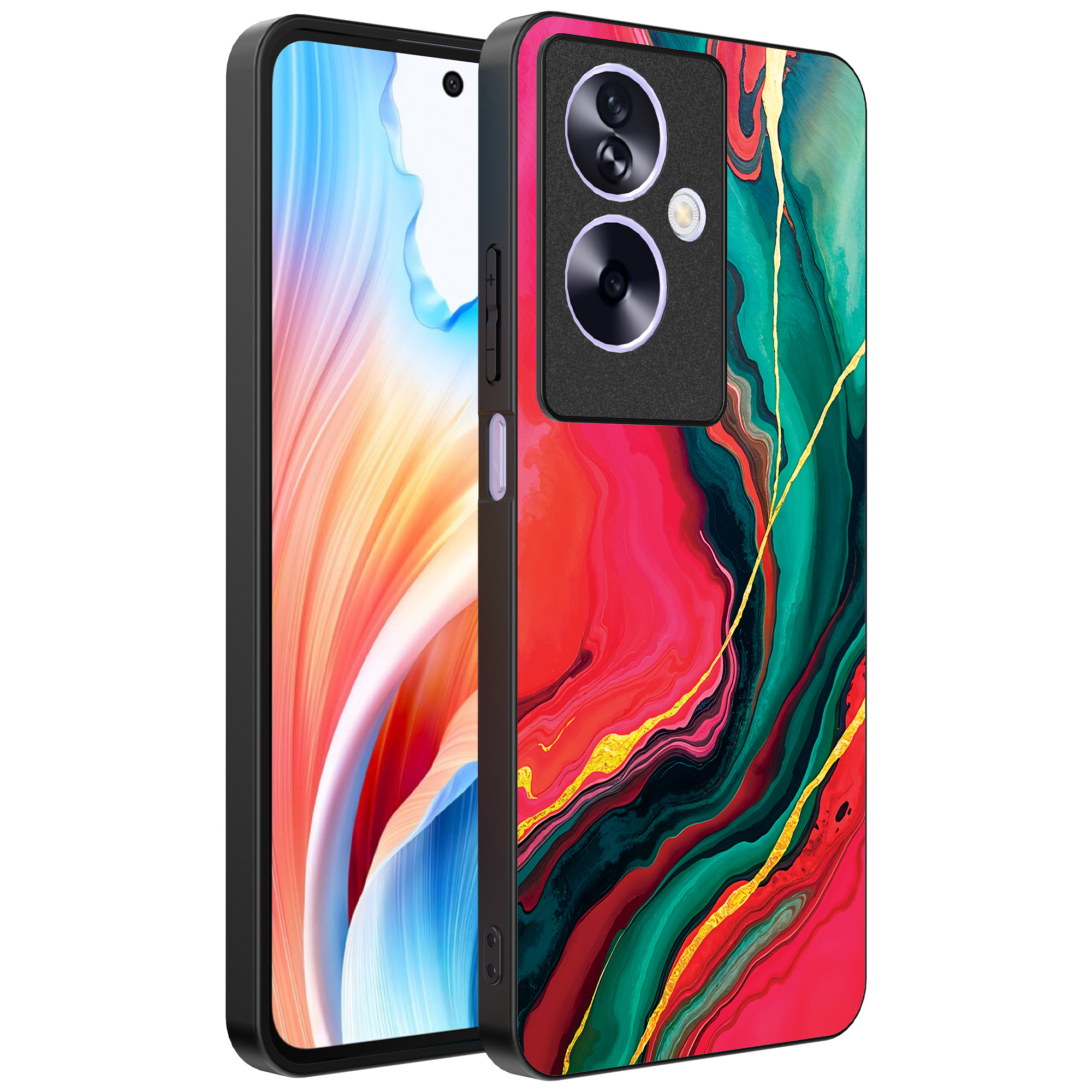 Oppo A2 telefoonhoesje met rood groen marmer opdruk (1)