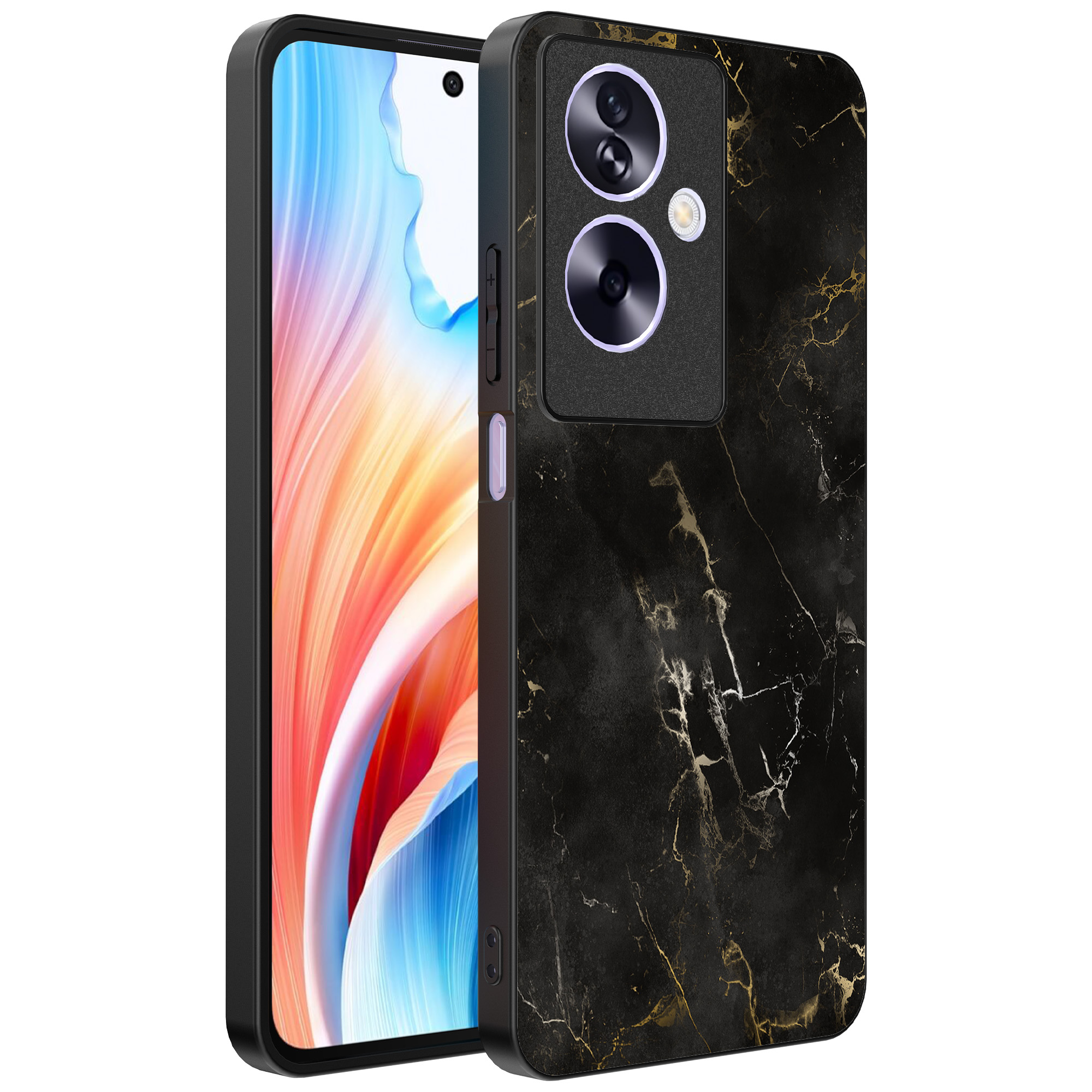 Oppo A2 telefoonhoesje met zwart marmer opdruk (1)