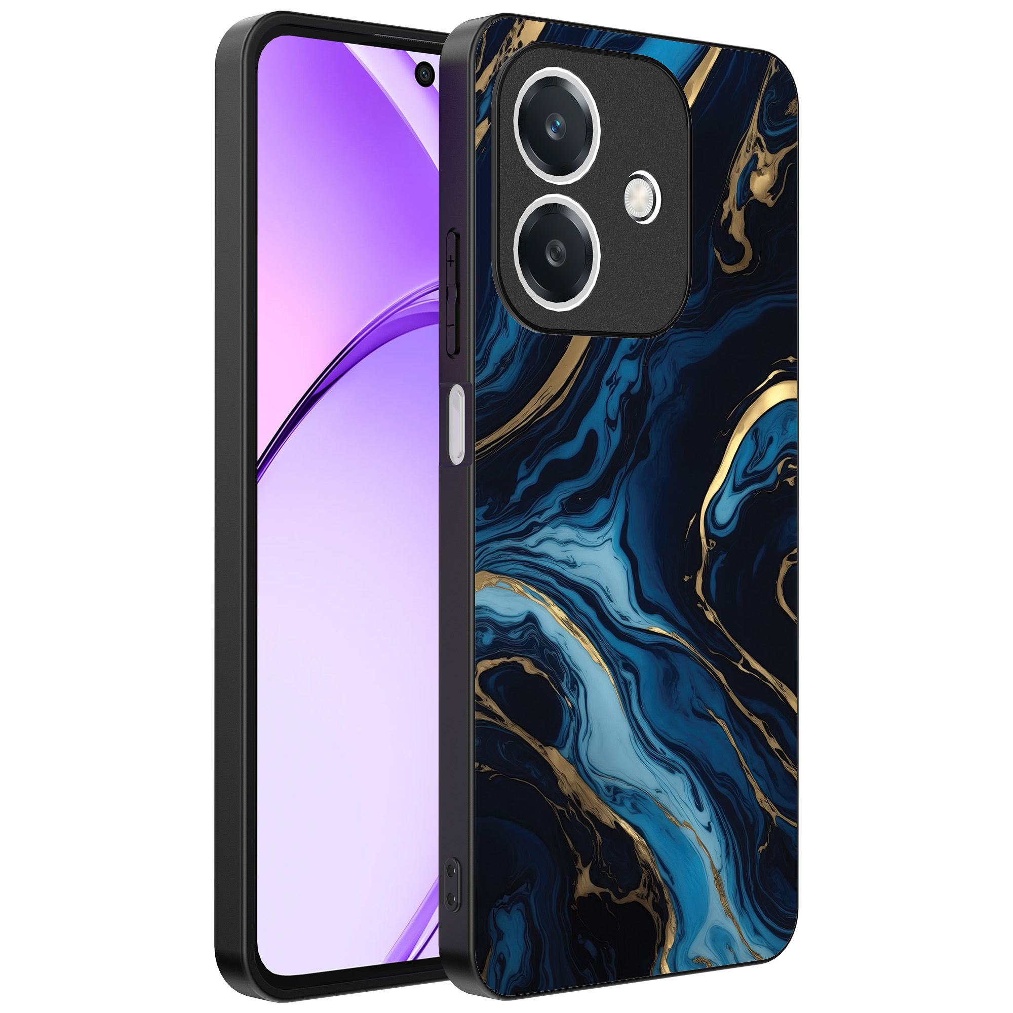 Oppo A3 telefoonhoesje met blauw goud marmer opdruk (1)