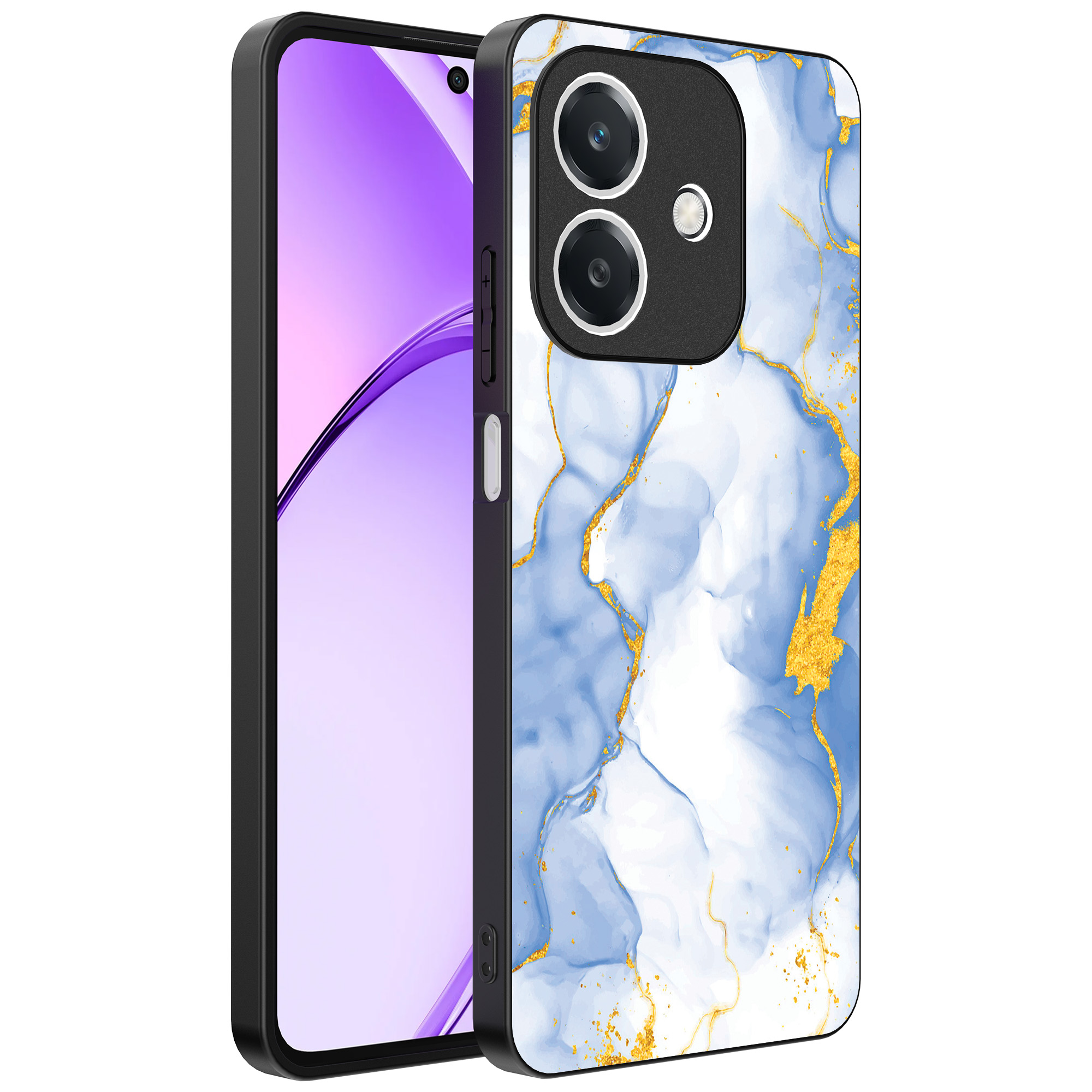 Oppo A3 telefoonhoesje met lichtblauw goud marmer opdruk (1)