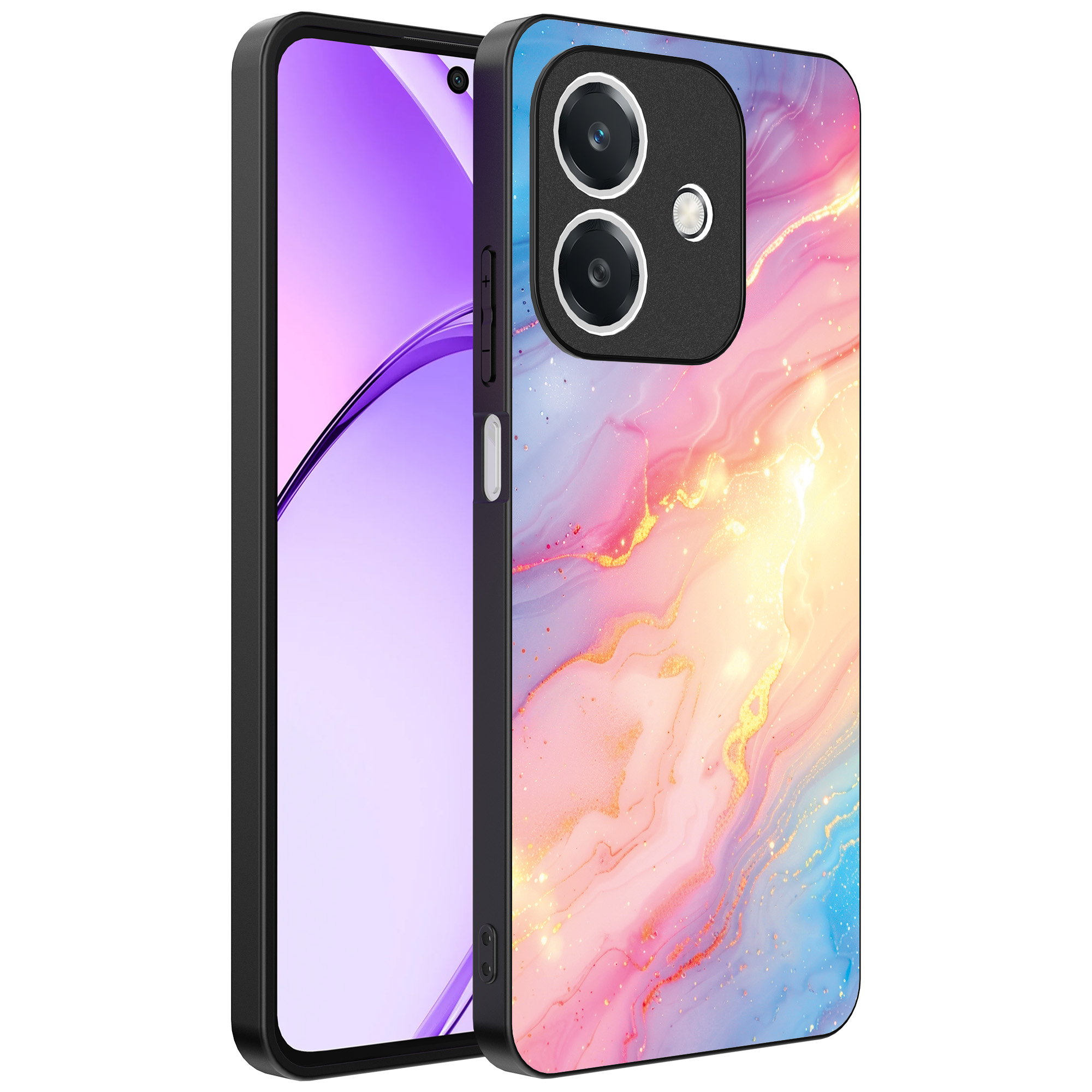 Oppo A3 telefoonhoesje met regenboog glitter marmer opdruk (1)
