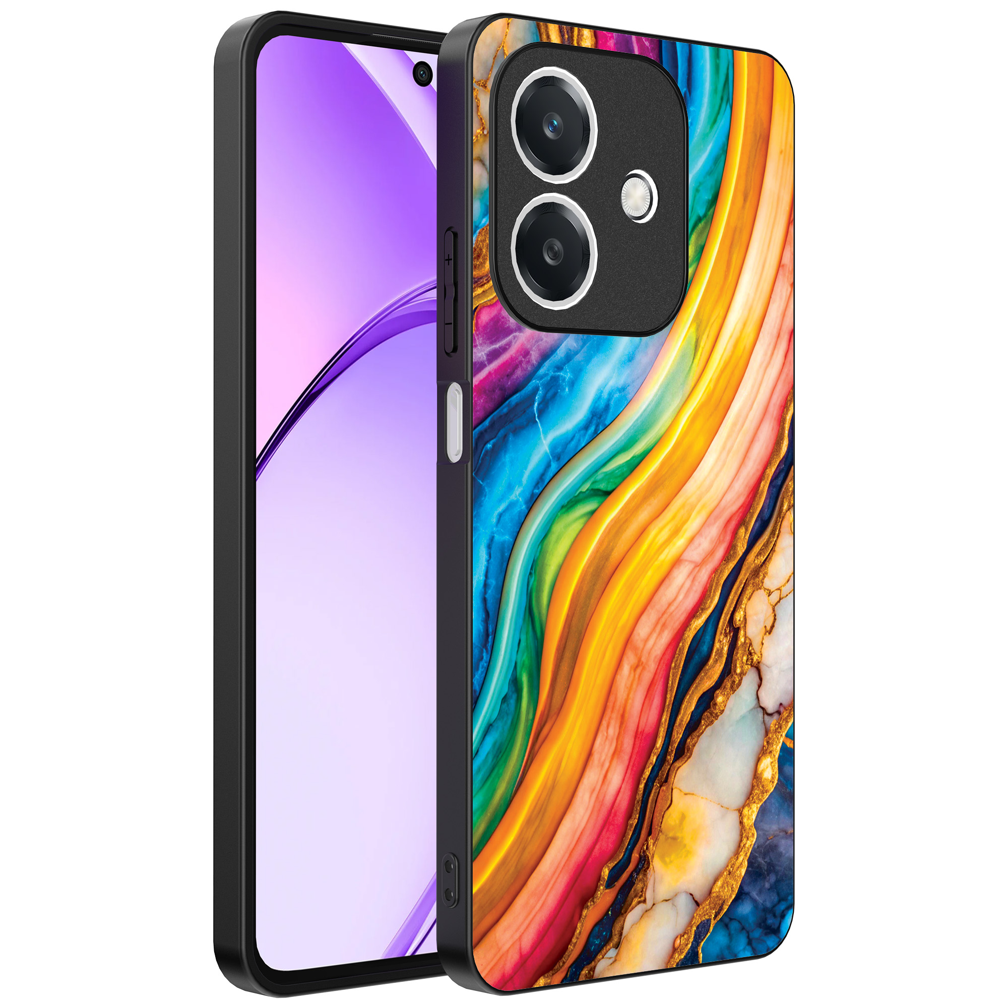 Oppo A3 telefoonhoesje met regenboog goud marmer opdruk (1)