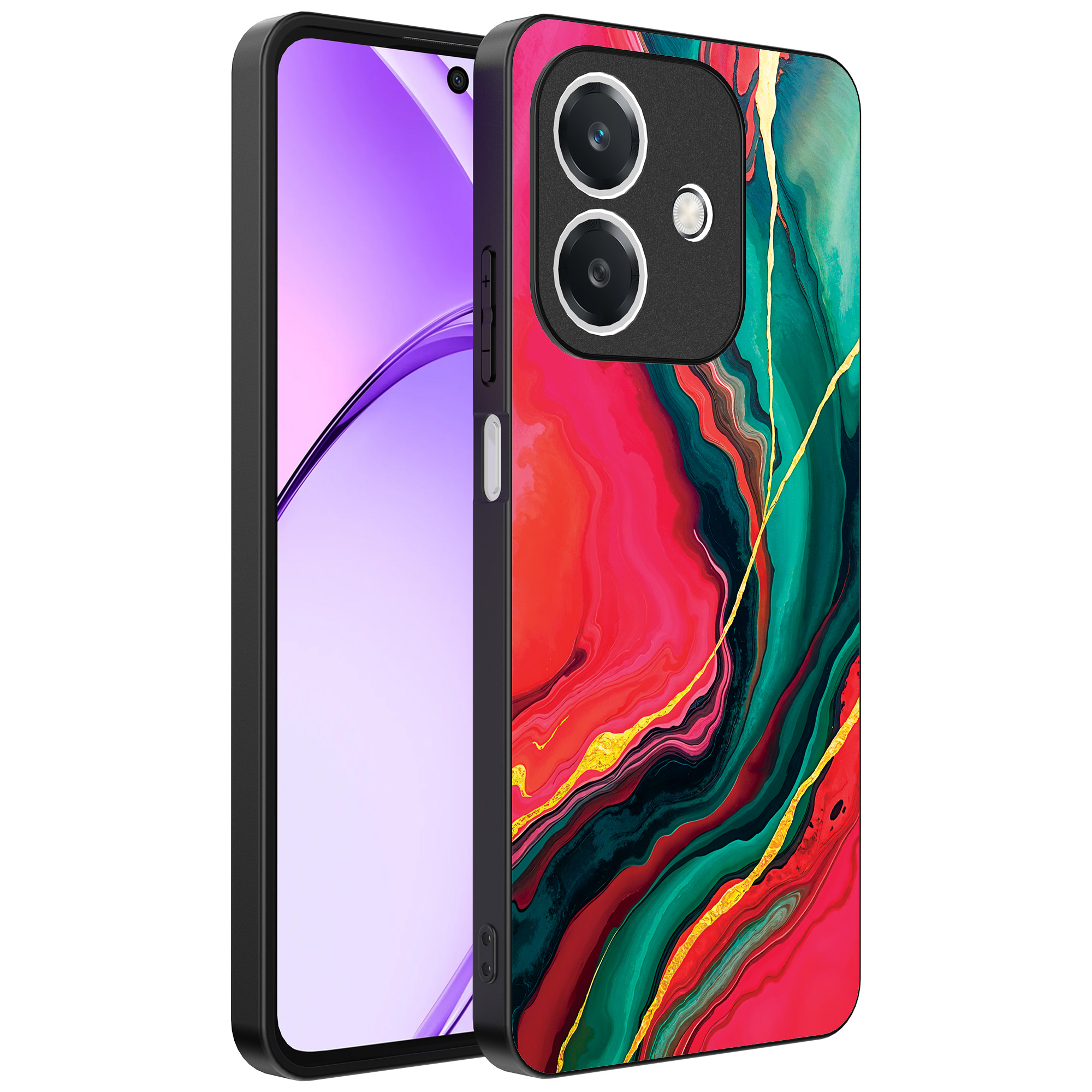 Oppo A3 telefoonhoesje met rood groen marmer opdruk (1)
