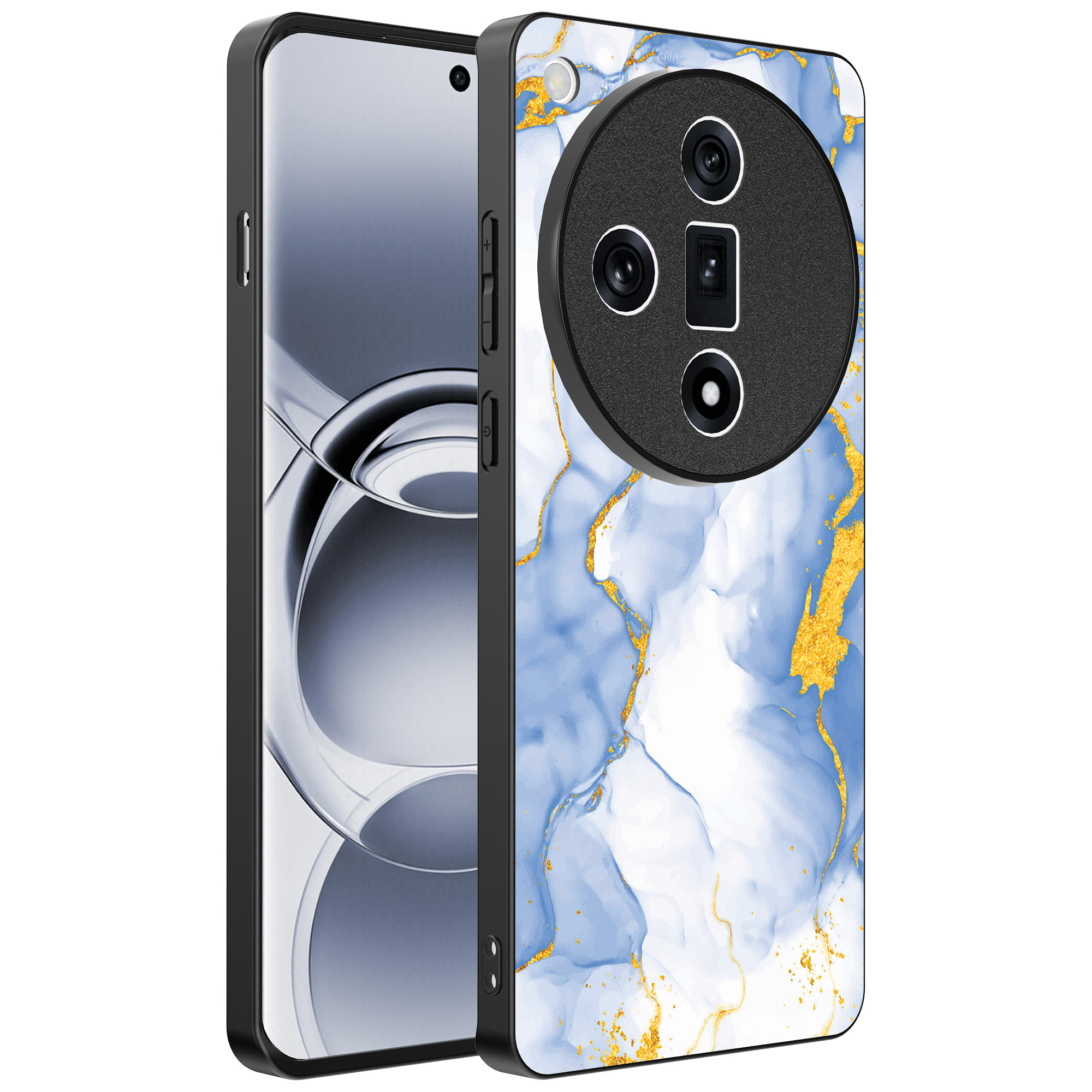 Oppo Find X7 Ultra telefoonhoesje met lichtblauw goud marmer opdruk (1)
