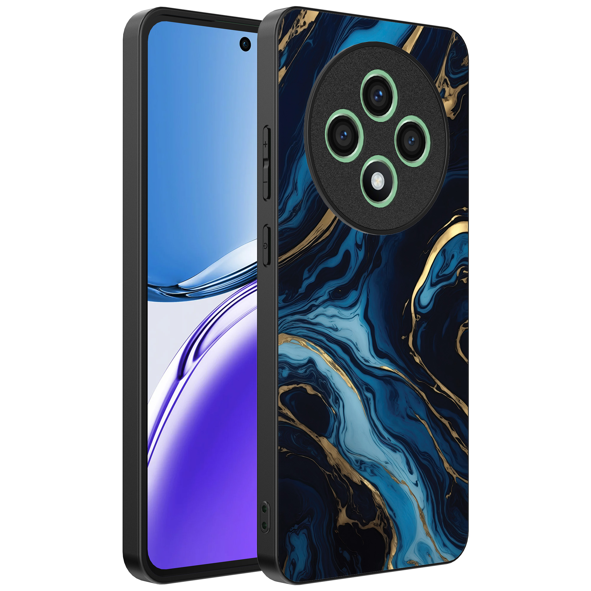 Oppo Reno 12 F telefoonhoesje met blauw goud marmer opdruk (1)