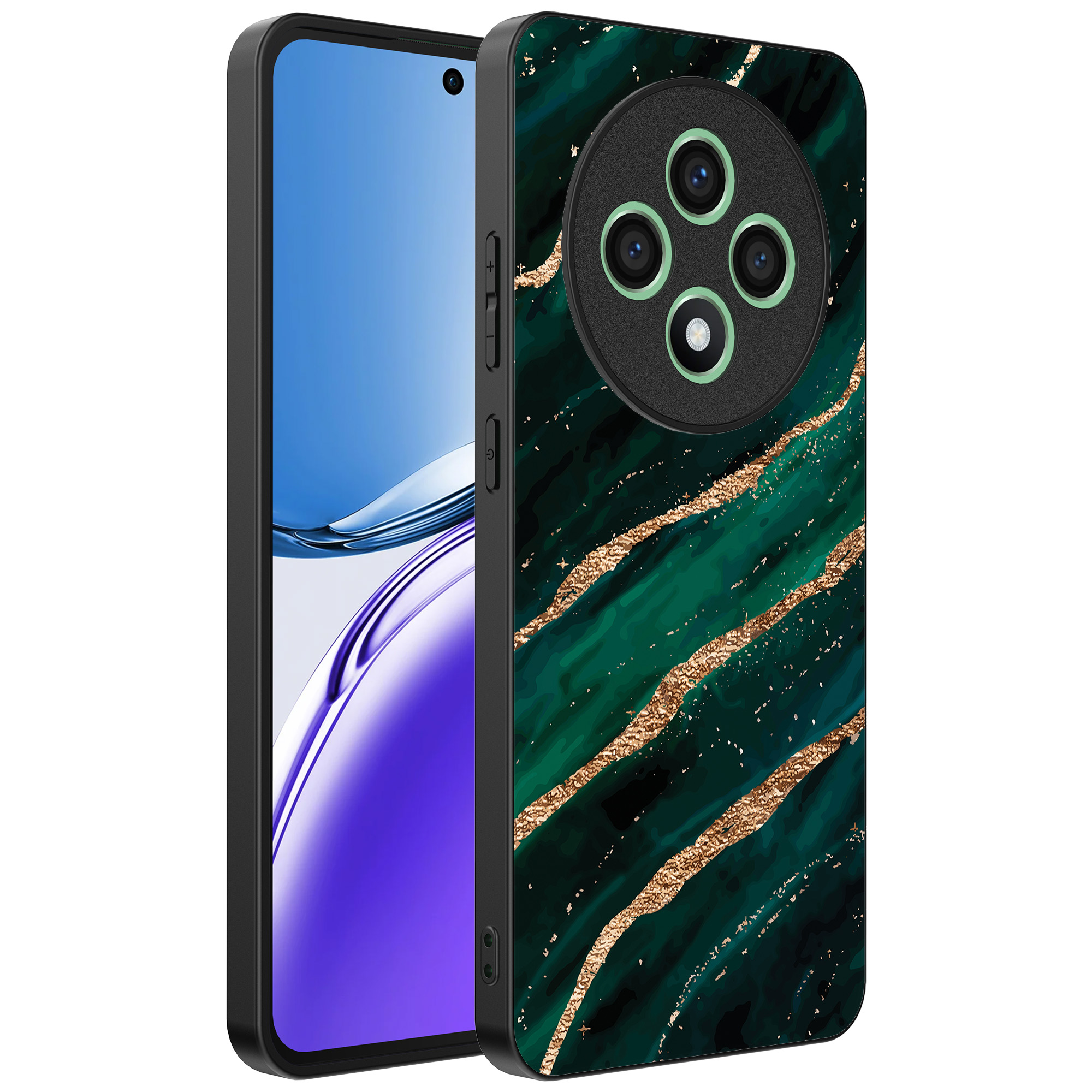 Oppo Reno 12 F telefoonhoesje met groen goud marmer opdruk (1)