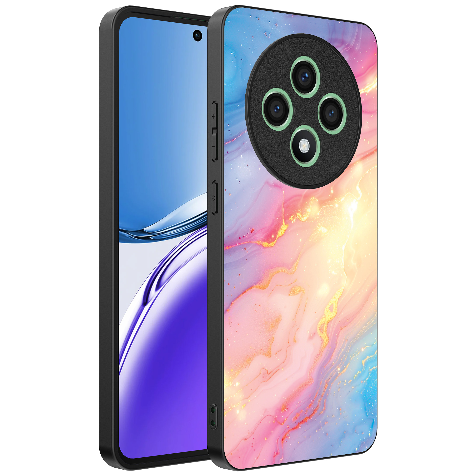 Oppo Reno 12 F telefoonhoesje met regenboog glitter marmer opdruk (1)