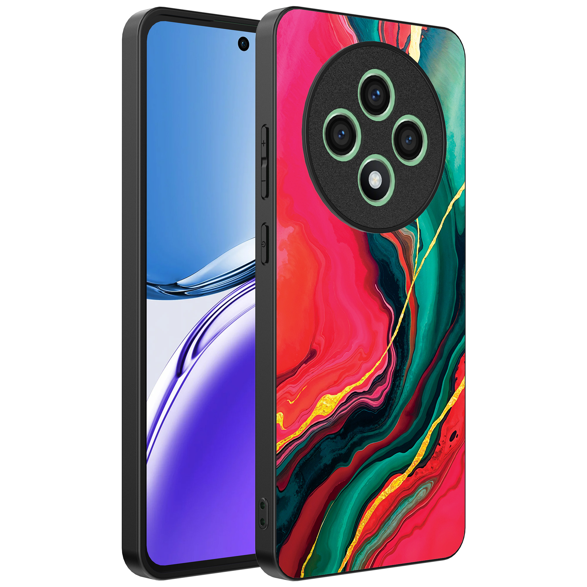 Oppo Reno 12 F telefoonhoesje met rood groen marmer opdruk (1)
