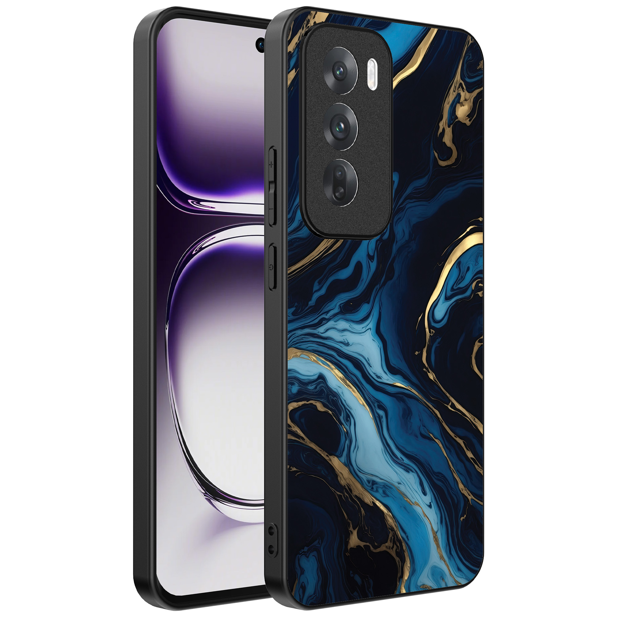 Oppo Reno 12 Pro telefoonhoesje met blauw goud marmer opdruk (1)
