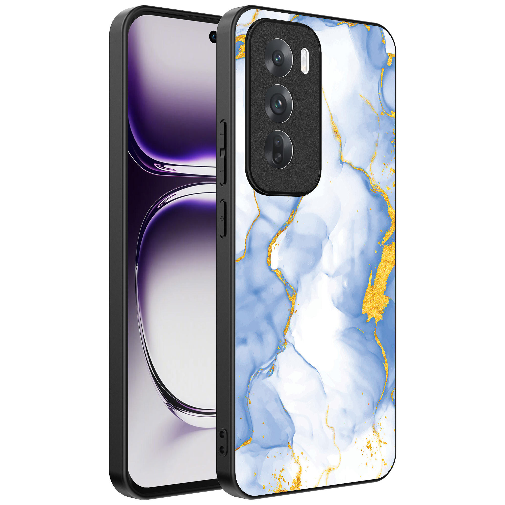 Oppo Reno 12 Pro telefoonhoesje met lichtblauw goud marmer opdruk (1)