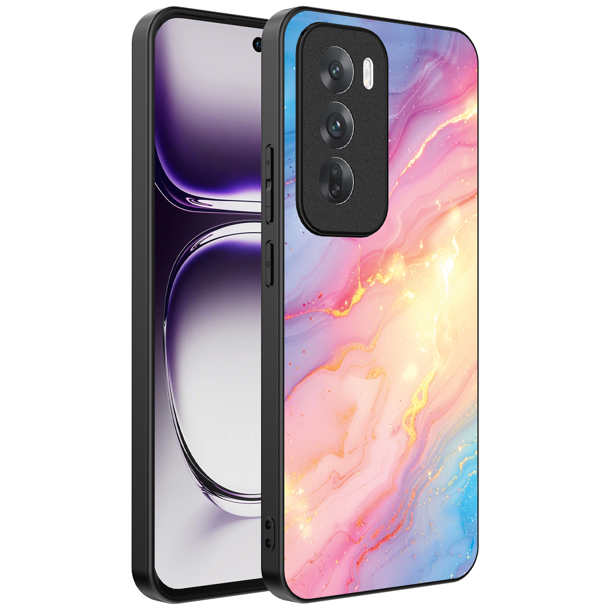 Oppo Reno 12 Pro telefoonhoesje met regenboog glitter marmer opdruk (1)
