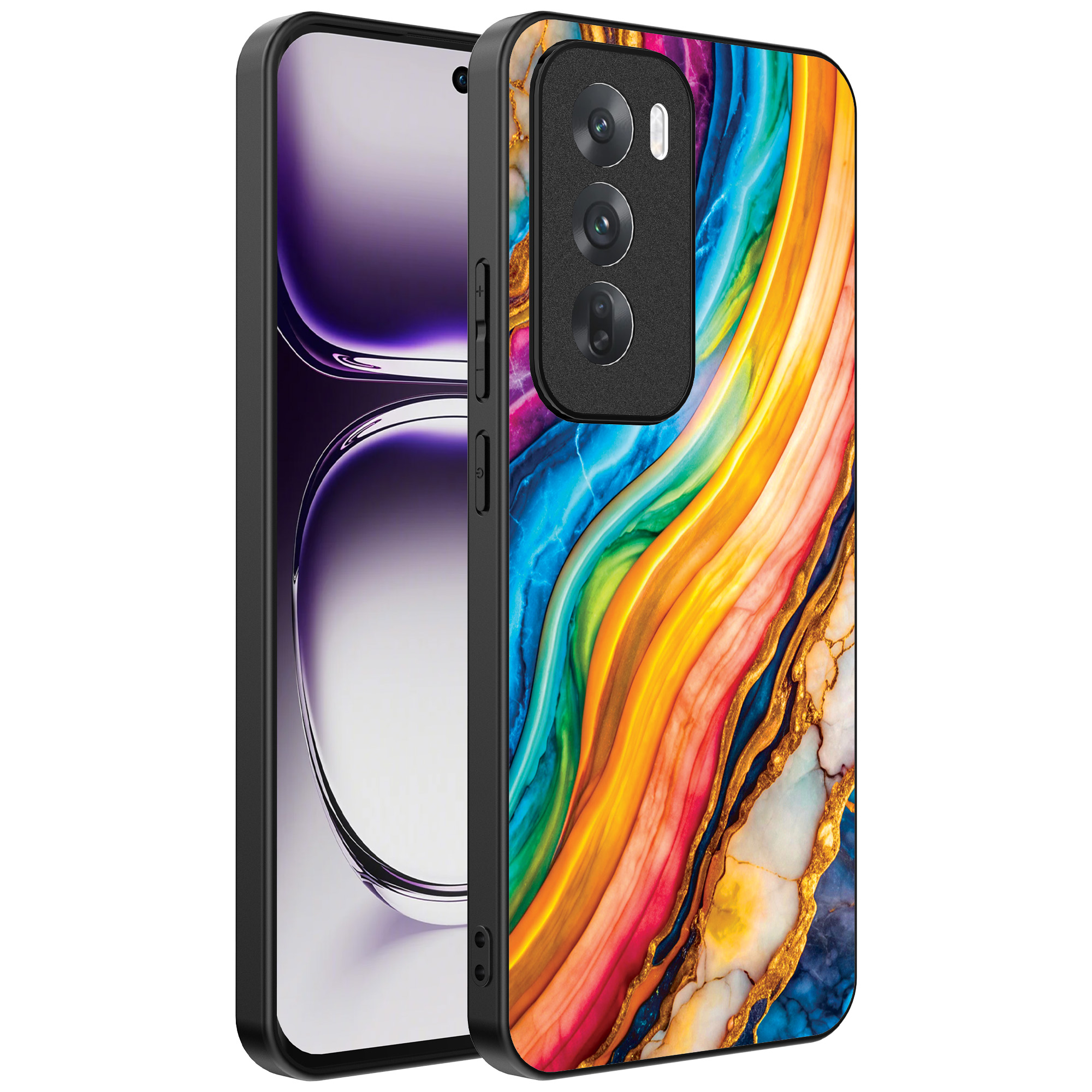 Oppo Reno 12 Pro telefoonhoesje met regenboog goud marmer opdruk (1)