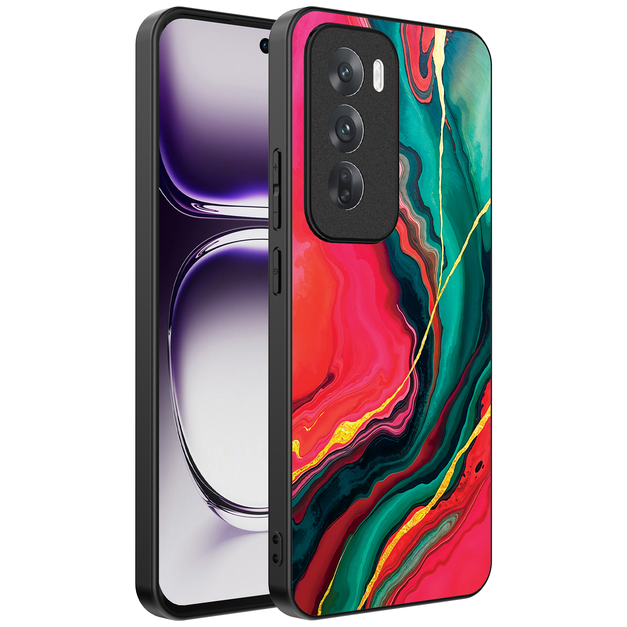 Oppo Reno 12 Pro telefoonhoesje met rood groen marmer opdruk (1)