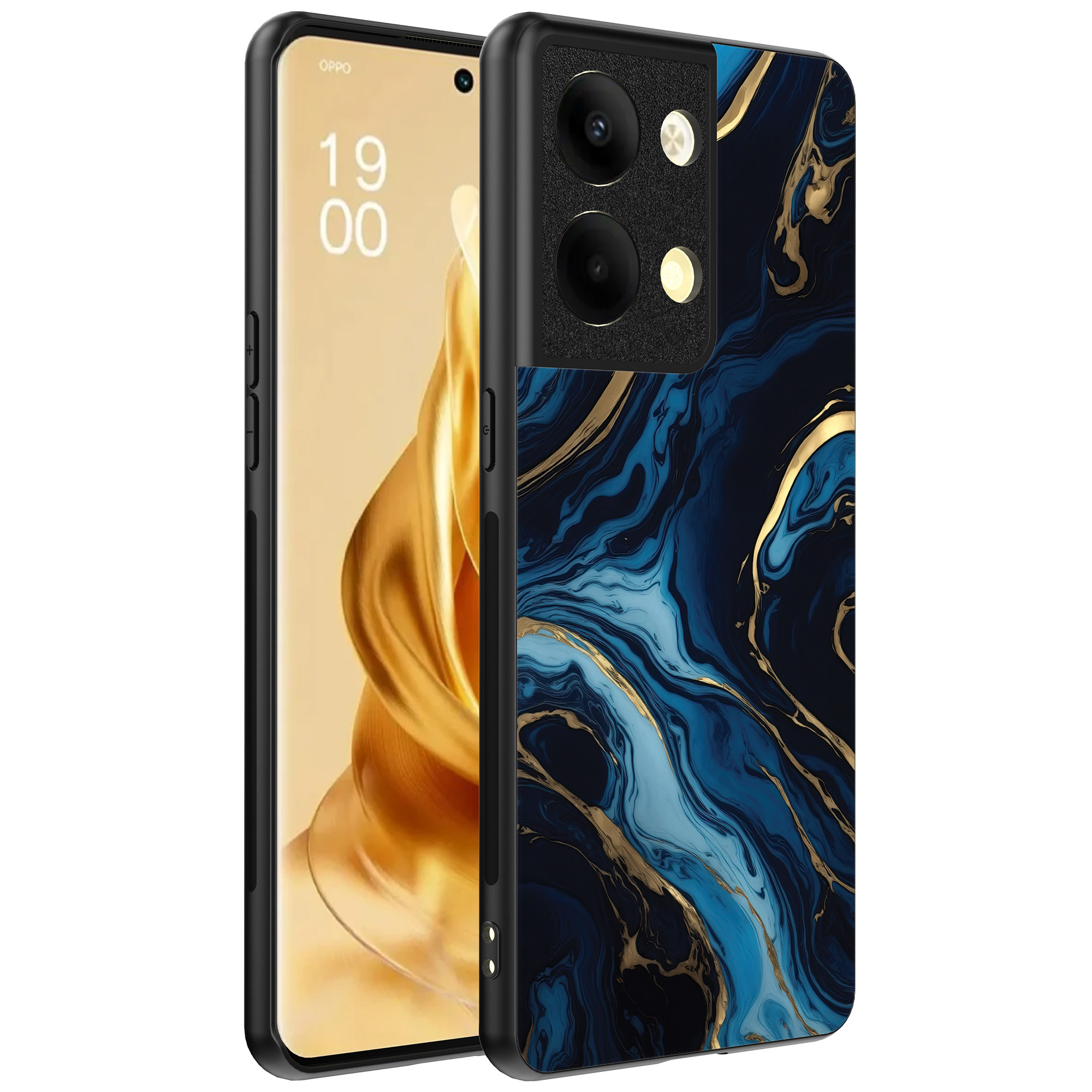 Oppo Reno 9 Pro Plus telefoonhoesje met blauw goud marmer opdruk (1)