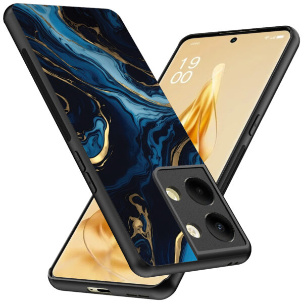 Oppo Reno 9 Pro Plus telefoonhoesje met blauw goud marmer opdruk (2)