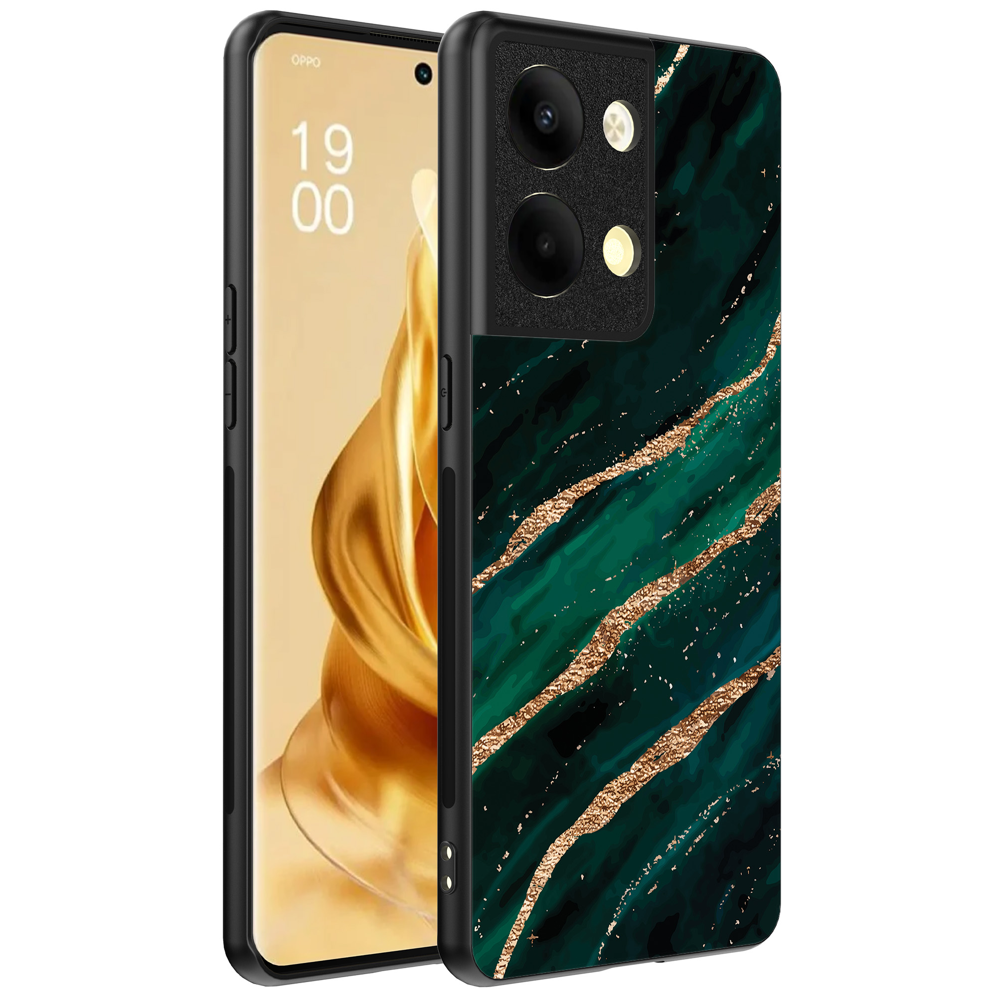 Oppo Reno 9 Pro Plus telefoonhoesje met groen goud marmer opdruk (1)