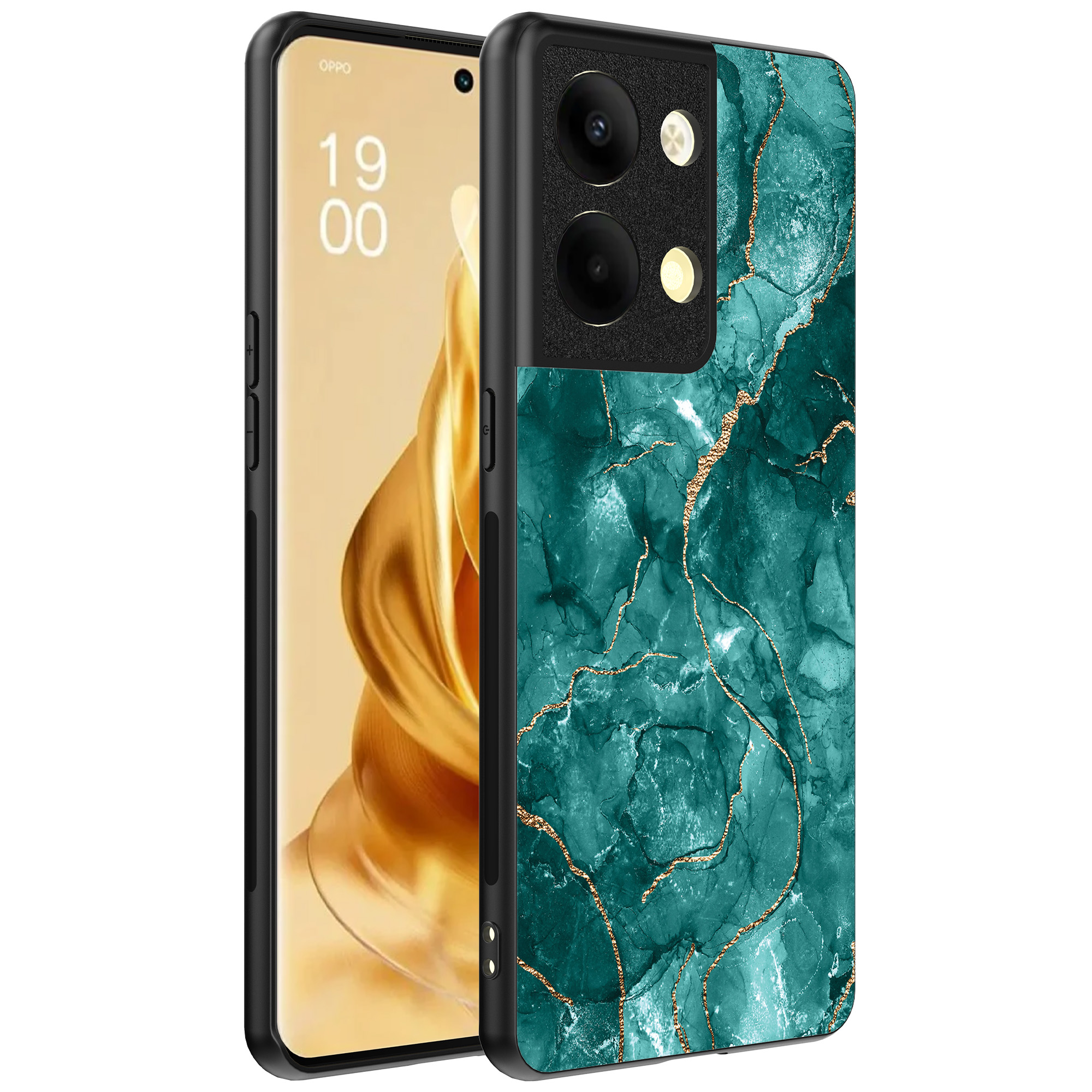 Oppo Reno 9 Pro Plus telefoonhoesje met groen goud marmer opdruk (1)