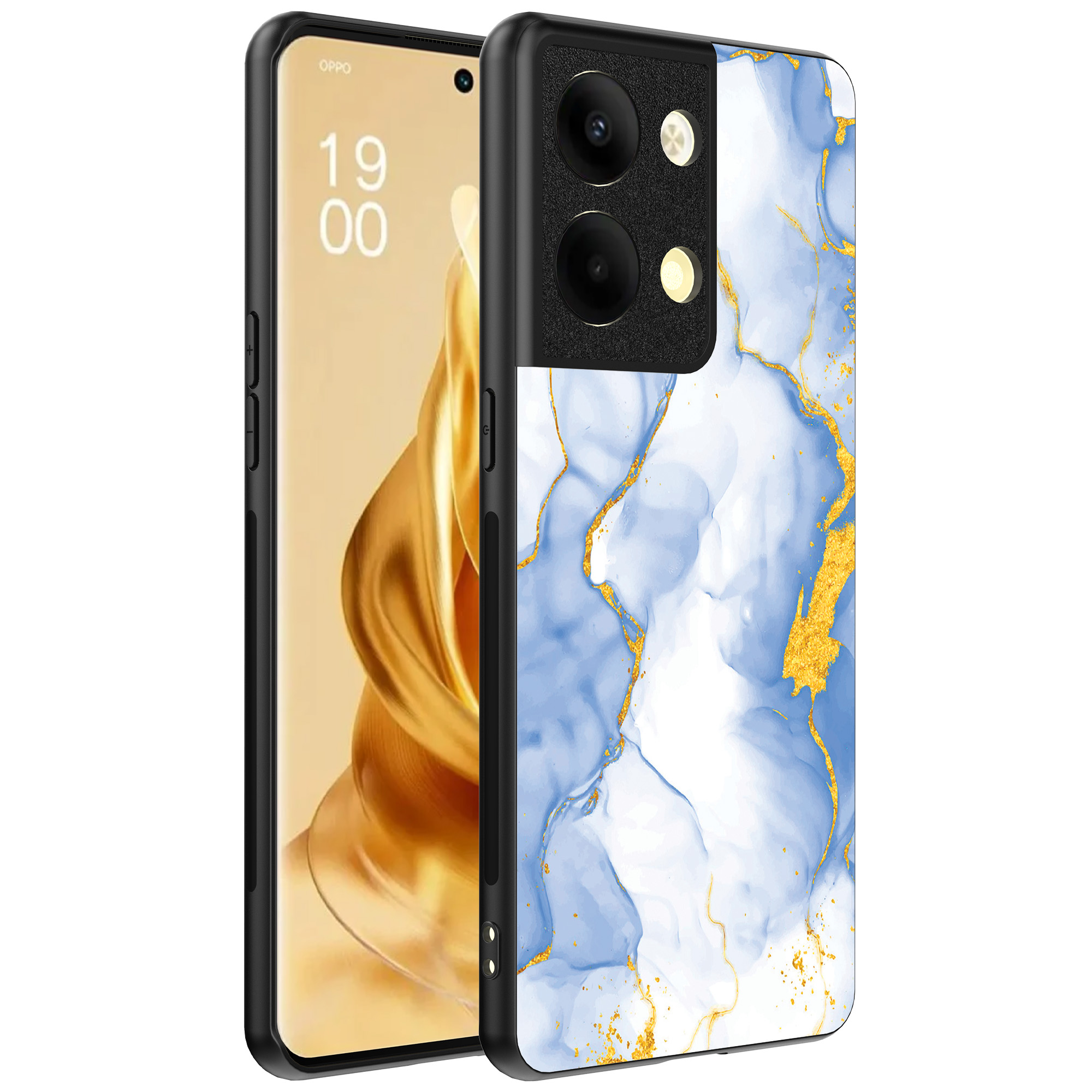 Oppo Reno 9 Pro Plus telefoonhoesje met lichtblauw goud marmer opdruk (1)