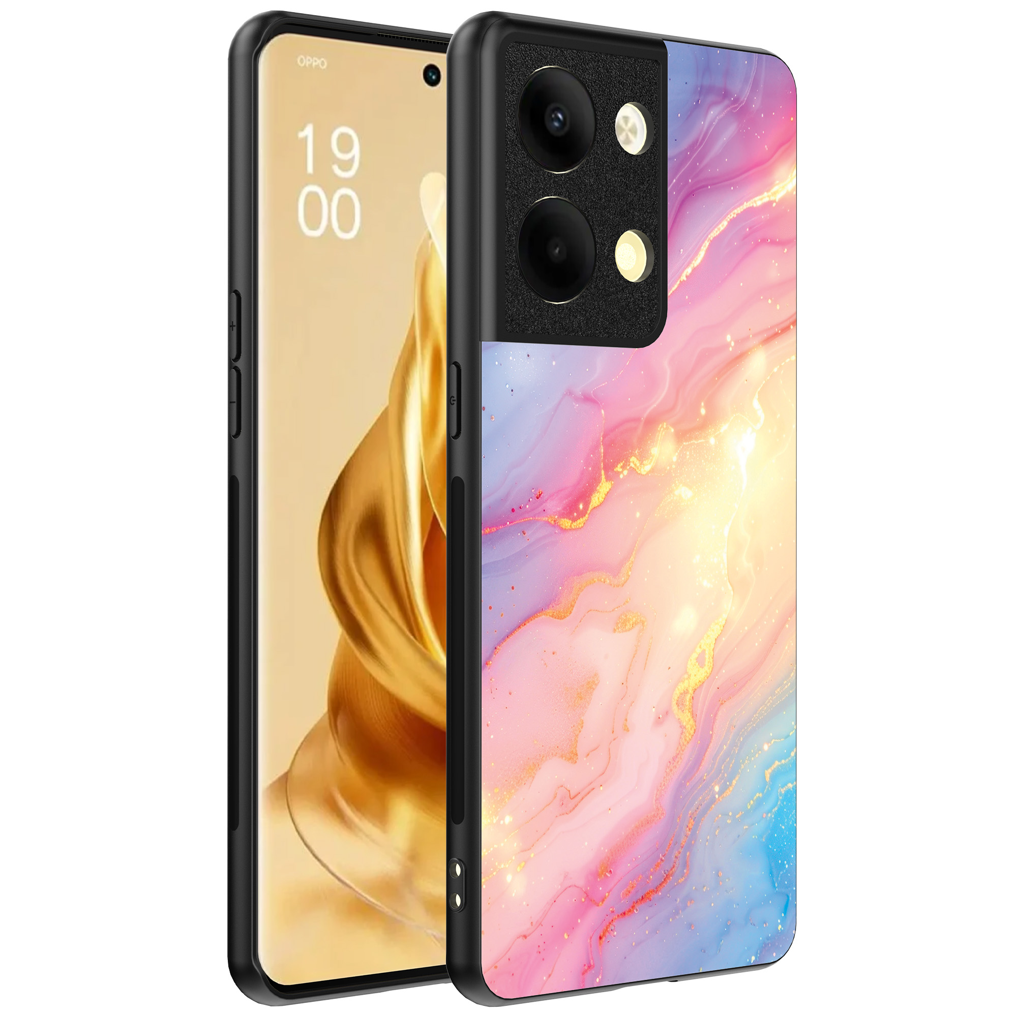 Oppo Reno 9 Pro Plus telefoonhoesje met regenboog glitter marmer opdruk (1)
