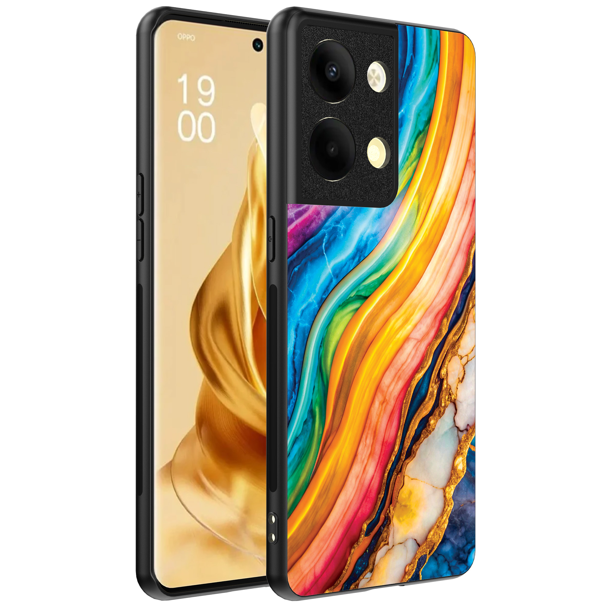 Oppo Reno 9 Pro Plus telefoonhoesje met regenboog goud marmer opdruk (1)
