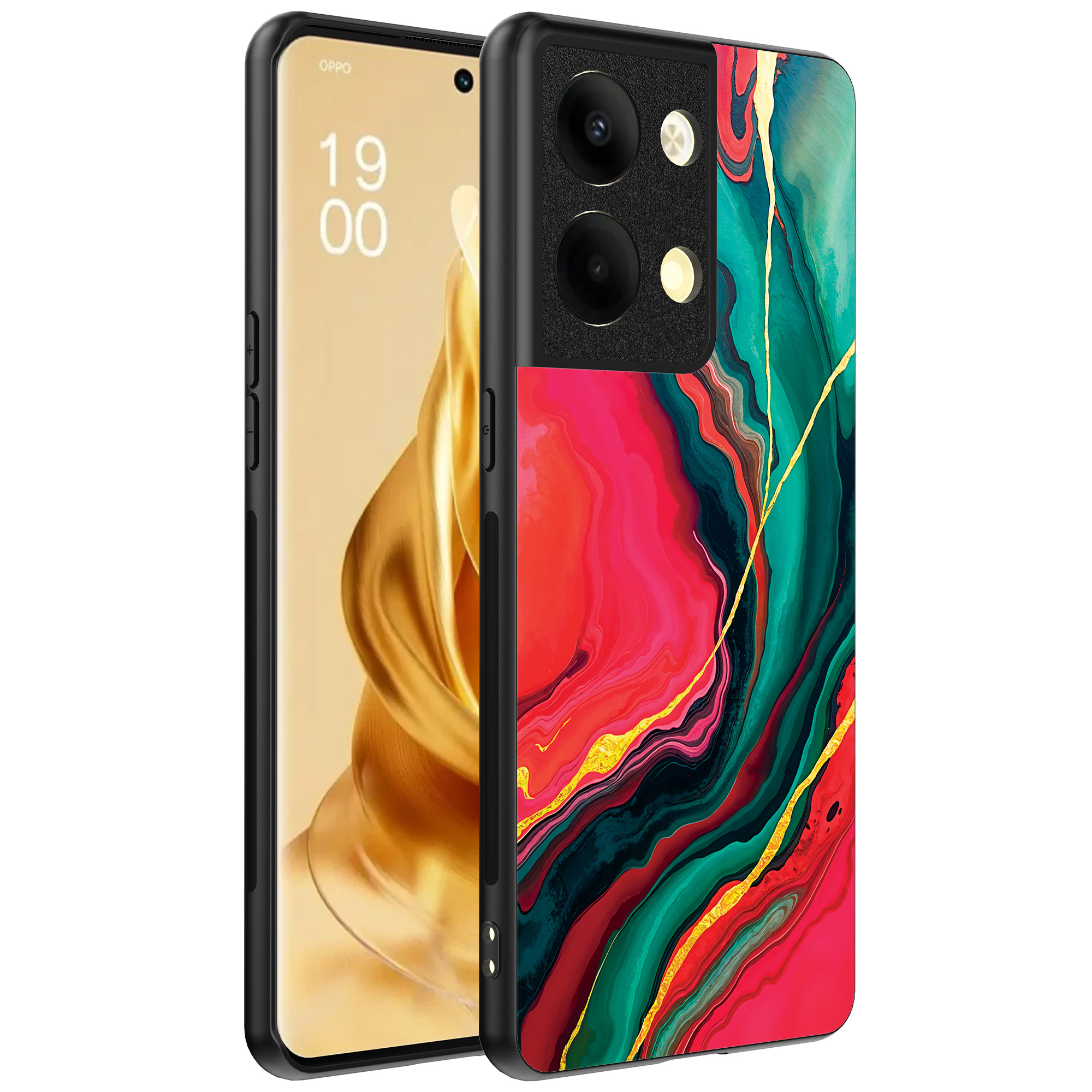 Oppo Reno 9 Pro Plus telefoonhoesje met rood groen marmer opdruk (1)