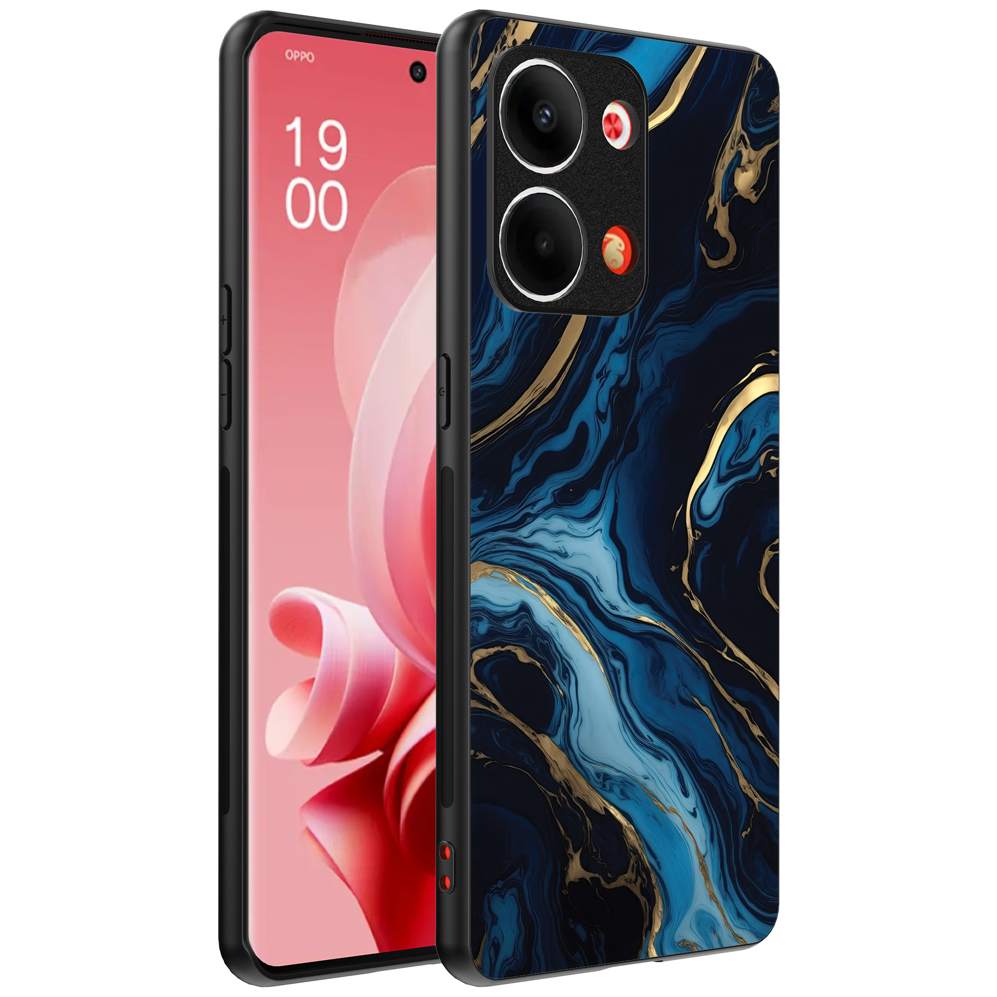 Oppo Reno 9 telefoonhoesje met blauw goud marmer opdruk (1)
